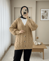 Saç Örgülü Düğmeli Triko Hırka -Vizon-Triko Hırka-109-0480-R23