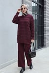 Sakallı Şeritli Bisiklet Yaka Pantolonlu Triko Takım  -Bordo