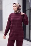 Sakallı Şeritli Bisiklet Yaka Pantolonlu Triko Takım  -Bordo