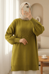 Şerit Ve Ponpon Detaylı Yuvarlak Yaka Yumoş Triko Tunik -Yağ Yeşili-Kazak-295-4512-R72