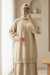 Şerit Ve Ponpon Detaylı Yuvarlak Yaka Yumoş Triko Tunik -Açık Vizon-Kazak-295-4512-R51
