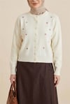 Serpme Çiçek Nakışlı Düğmeli Oversize Triko Hırka -Ekru-Hırka-109-9794-R07