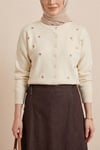Serpme Çiçek Nakışlı Düğmeli Oversize Triko Hırka -Krem-Hırka-109-9794-R28