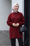 Serpme İncili Balon Kol Salaş Triko Tunik -Bordo