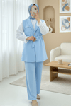 Sıfır Kol Önü Düğmeli Beli Kemerli Üçlü Takım  -Bebe Mavi-Takım-386-6169-R32