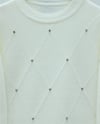 Taş Detaylı Baklava Desen Sakallı Triko Tunik -Beyaz-Kazak-295-6446-R02