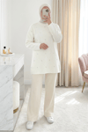 Taş Detaylı Baklava Desen Sakallı Triko Tunik -Beyaz-Kazak-295-6446-R02