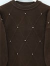 Taş Detaylı Baklava Desen Sakallı Triko Tunik -Kahve-Kazak-295-6446-R15