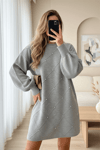Taş Detaylı Kare Desenli Triko Tunik -Gri-Tunik-295-1013-R11