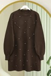 Taş Detaylı Kare Desenli Triko Tunik -Kahve-Tunik-295-1013-R15
