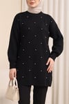 Taş Detaylı Kare Desenli Triko Tunik -Siyah-Tunik-295-1013-R01