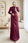 Taş Şeritli Beli Drapeli Saten Abiye -Bordo-Abiye-316-4668-R04