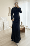 Taş Şeritli Beli Drapeli Saten Abiye -Siyah-Abiye-316-4668-R01