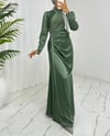 Taş Şeritli Beli Drapeli Saten Abiye -Yeşil-Abiye-316-4668-R35