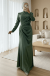 Taş Şeritli Beli Drapeli Saten Abiye -Yeşil-Abiye-316-4668-R35