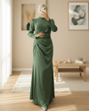 Taş Şeritli Beli Drapeli Saten Abiye -Yeşil-Abiye-316-4668-R35