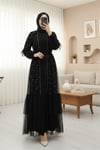 Taş Ve İnci Detaylı Kemerli İkili Tül Abaya Takım -Siyah-Abaya-407-3645-R01