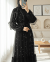 Taş Ve İnci Detaylı Kemerli İkili Tül Abaya Takım -Siyah-Abaya-407-3645-R01