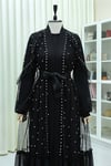Taş Ve İnci Detaylı Kemerli İkili Tül Abaya Takım -Siyah-Abaya-407-3645-R01