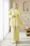 Taşlı Bol Paça Pantolonlu Tünel Bağcıklı Kimono Takım -Sarı-Takım-111-40683-R22