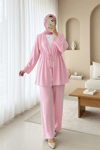 Taşlı Bol Paça Pantolonlu Tünel Bağcıklı Kimono Takım -Pembe-Takım-111-40683-R20