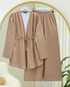 Taşlı Bol Paça Pantolonlu Tünel Bağcıklı Kimono Takım -Vizon-Takım-111-40683-R23