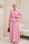 Taşlı Düğmeli Beli Bağlamalı Etekli Jakar Takım  -Pembe-Takım-398-22036-R20