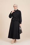 Taşlı Düğmeli Beli Bağlamalı Etekli Jakar Takım  -Siyah-Takım-398-22036-R01