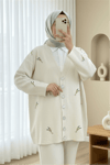Taşlı Düğmeli Dal Desenli Triko Hırka -Krem-Hırka-357-6207-R28