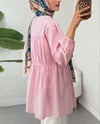 Taşlı Düğmeli Kolu Lastikli Bağlama Detaylı Gömlek  -Pembe-Gömlek-102-2105-R20