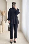 Taşlı Düğmeli Kolu Lastikli Double Pantolonlu Takım  -Siyah-Takım-307-0077-R01