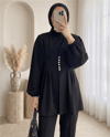 Taşlı Düğmeli Kolu Lastikli Double Pantolonlu Takım  -Siyah-Takım-307-0077-R01