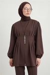 Taşlı Düğmeli Kolu Lastikli Double Pantolonlu Takım  -K. Kahve-Takım-307-0077-R54