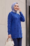 Taşlı Ponpon Detaylı Asimetrik Kesim Triko Tunik -Saks