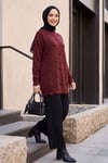 Taşlı Ponpon Detaylı Asimetrik Kesim Triko Tunik -Koyu Bordo