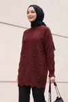Taşlı Ponpon Detaylı Asimetrik Kesim Triko Tunik -Koyu Bordo