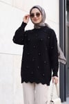 Taşlı Ponpon Detaylı Asimetrik Kesim Triko Tunik -Siyah