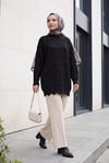 Taşlı Ponpon Detaylı Asimetrik Kesim Triko Tunik -Siyah
