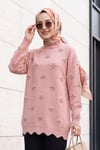 Taşlı Ponpon Detaylı Asimetrik Kesim Triko Tunik -Yavruağzı