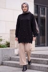 Taşlı Ponpon Detaylı Asimetrik Kesim Triko Tunik -Siyah