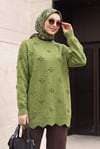Taşlı Ponpon Detaylı Asimetrik Kesim Triko Tunik -Haki