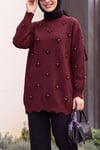 Taşlı Ponpon Detaylı Asimetrik Kesim Triko Tunik -Koyu Bordo