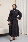 Tek Düğmeli Kabartma Nakışlı Bağlamalı Vual Krep Takım -Siyah-Takım-398-22041-R01