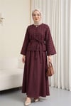 Tek Düğmeli Kemerli Eteği Cepli Kabartma Desenli Jakar Takım  -Mürdüm-Takım-111-40744-R09