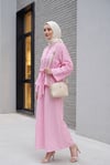 Tek Düğmeli Kemerli Eteği Cepli Kabartma Desenli Jakar Takım   -Pembe