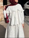 Tek Düğmeli Önü Fırfırlı Taşlı Etekli Takım  -Beyaz