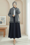 Tek Düğmeli Saçaklı Yumoş Triko Hırka   -Füme-Hırka-295-4502-R18