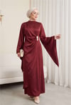 Toka Detaylı Önü Çift Kat Asimetrik Kol Saten Abiye -Bordo-Abiye-316-4925-R04