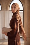 Toka Detaylı Önü Çift Kat Asimetrik Kol Saten Abiye -Kahverengi-Abiye-316-4925-R15