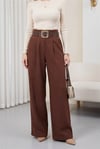 Tokalı Kemerli Beli Katlamalı Bol Paça Modal Krep Pantolon  -Kahve-Pantolon-421-10071-R15